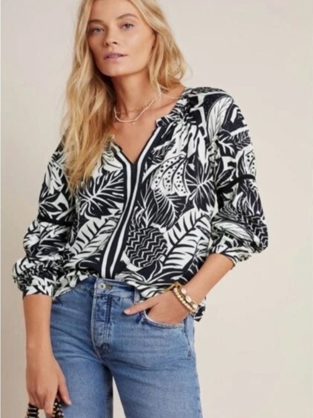 NWT Farm Rio x Anthropologie Angela Black and white botanical blouse size XL